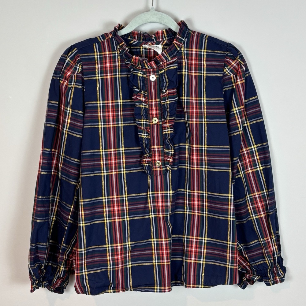 Crewcuts Double Ruffle Trim Girls Long Sleeve Top Stewart Tartan sz MED Holiday